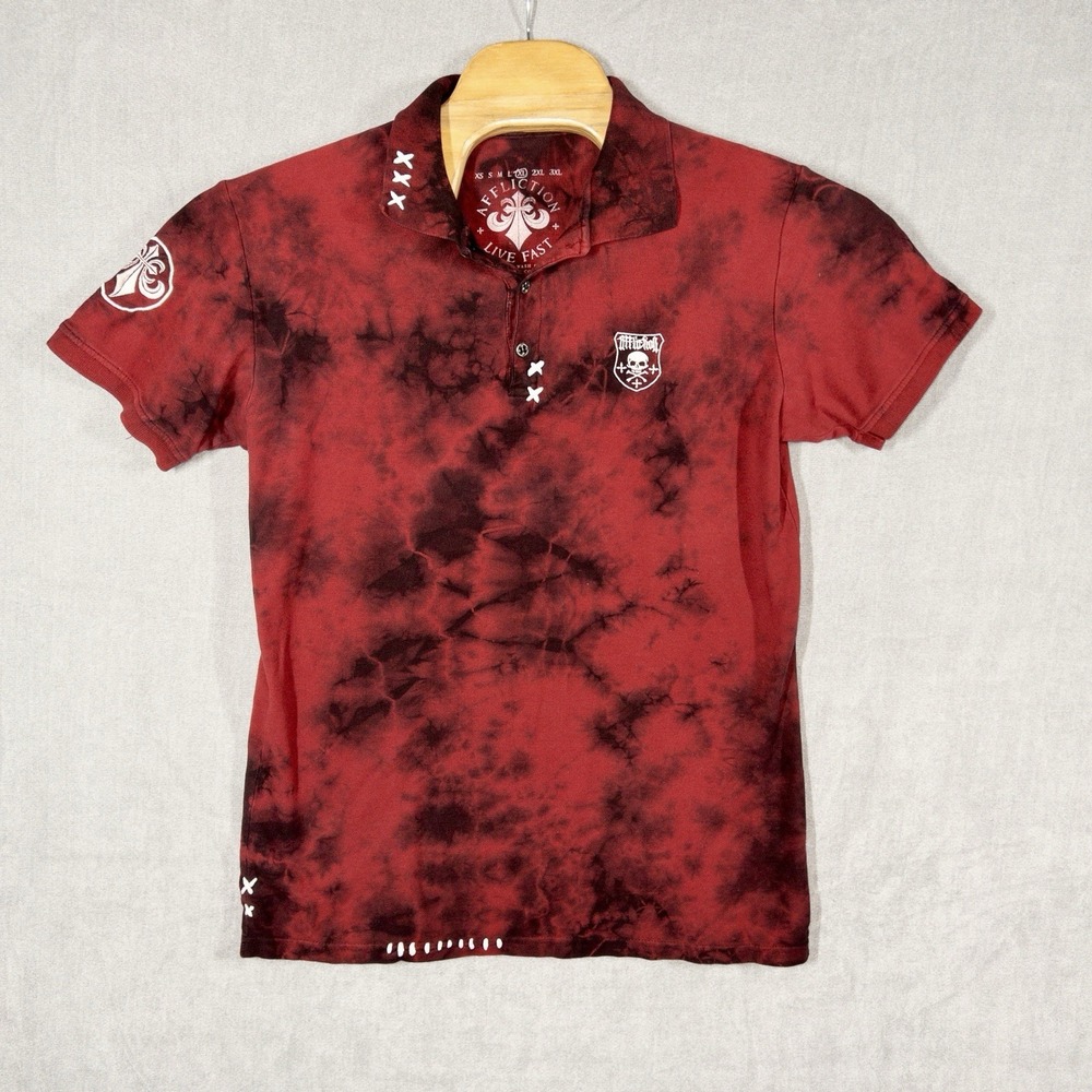 Affliction Live Fast Mens Polo XL‎ Red Black Tie Dye Skull Y2K Streetwear USA